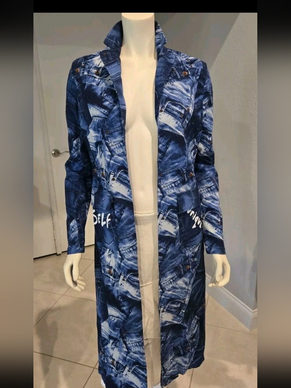 Spoon Jeans Graffiti Unique Denim Print Proud to Be Me Long Open Jacket EUC